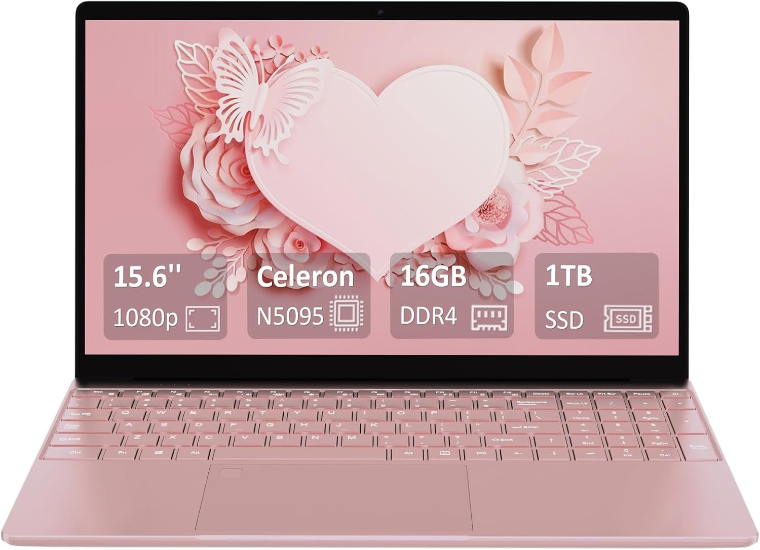 15.6'' Laptop Computer,16GB DDR4 1TB SSD,Quad-Core Intel N5095 CPU(Up to 2.9GHz),Student/Business Laptop with 1080P FHD Display,44WH Battery,2.4/5G WiFi,BT 4.2,Webcam,USB 3.0,Backlit Keyboard(Pink)