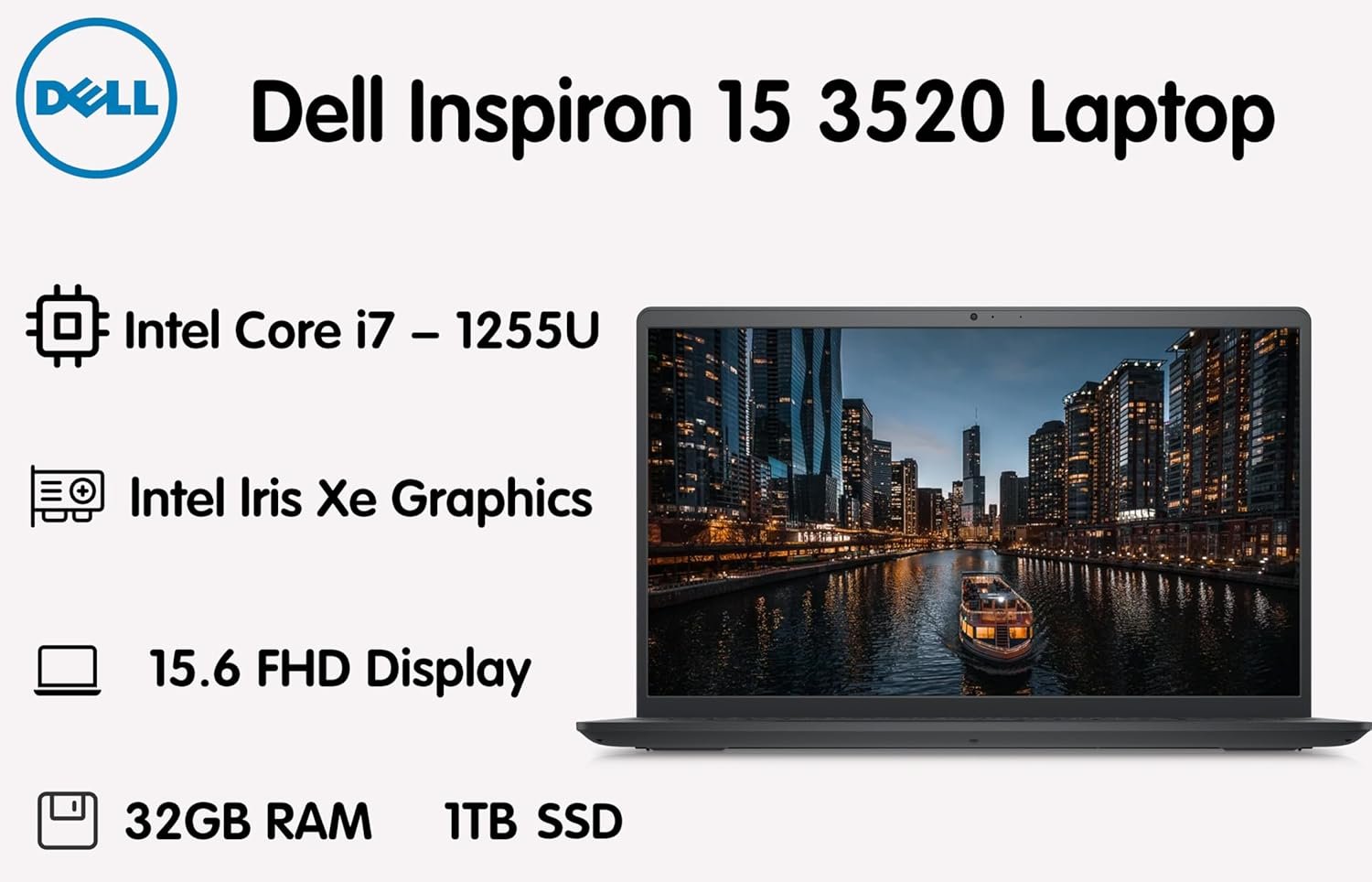 Dell Inspiron 15.6 Inch FHD Business Laptop, Intel Core i7-1255U, 32GB RAM, 1TB SSD, Windows 11 Pro, Backlit Keyboard, Webcam, WiFi, Carbon Black - Image 2