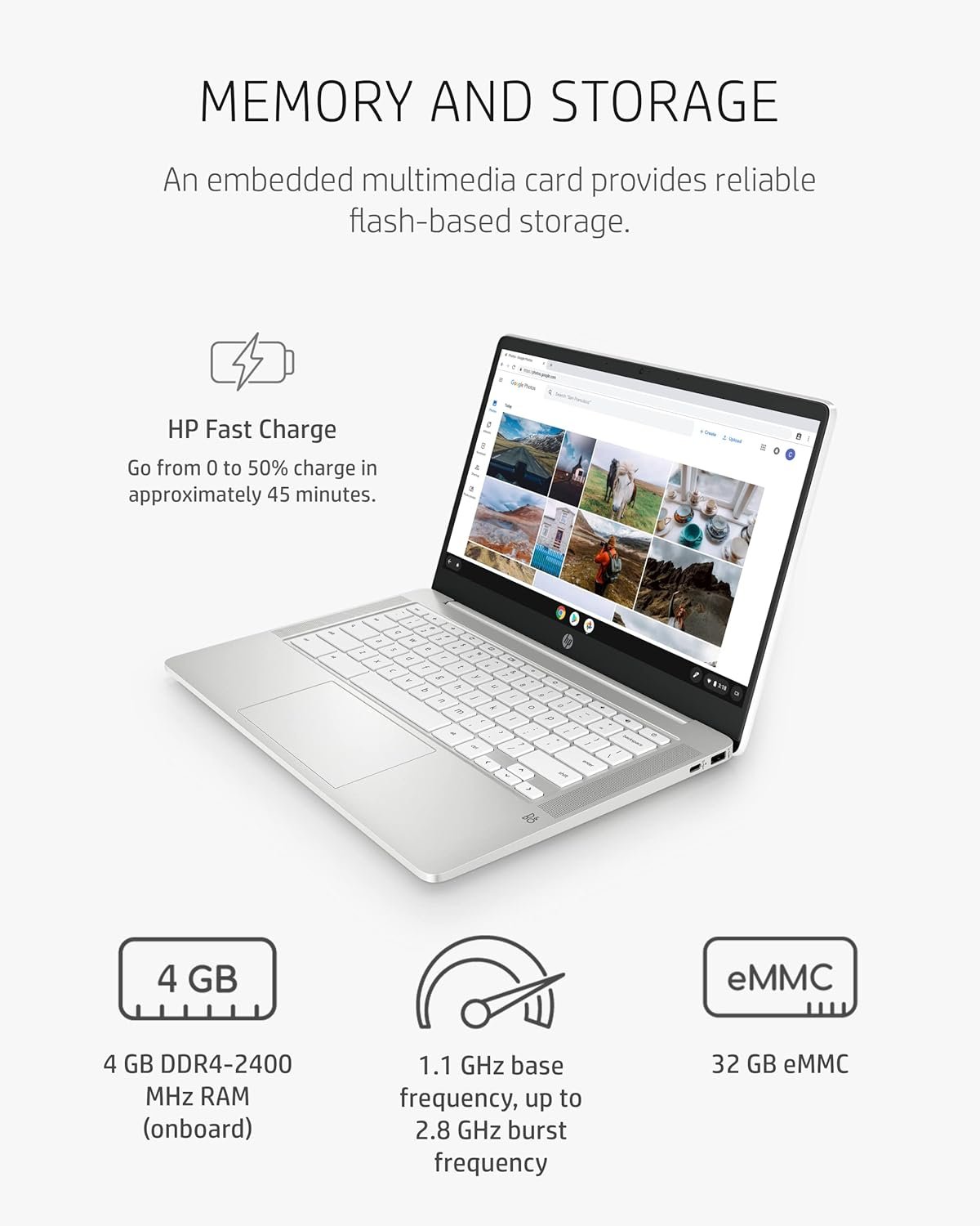 HP Chromebook 14 Laptop, Intel Celeron N4020, 4 GB RAM, 32 GB eMMC, 14? HD Micro-Edge Display, Chrome OS, Thin & Portable, 4K Graphics, Snow White Keyboard (14a-na0023nr, 2021, Ceramic White) - Image 3