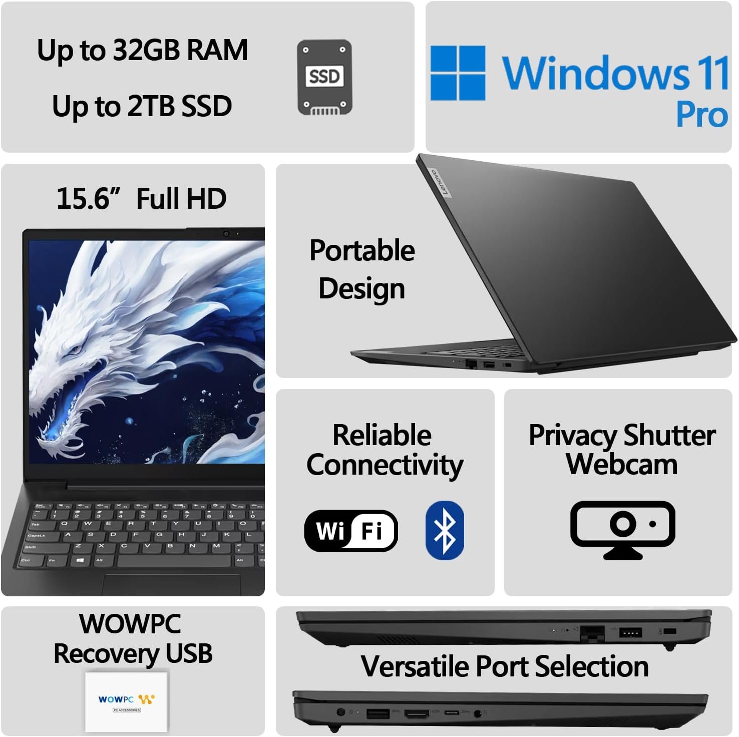 Lenovo V15 Laptop | 15.6" FHD (1920 x 1080) Display | Intel Quad-core Processor | Ethernet RJ-45 | WOWPC Recovery USB (Windows 11 Pro, 16GB RAM | 1TB SSD) - Image 2