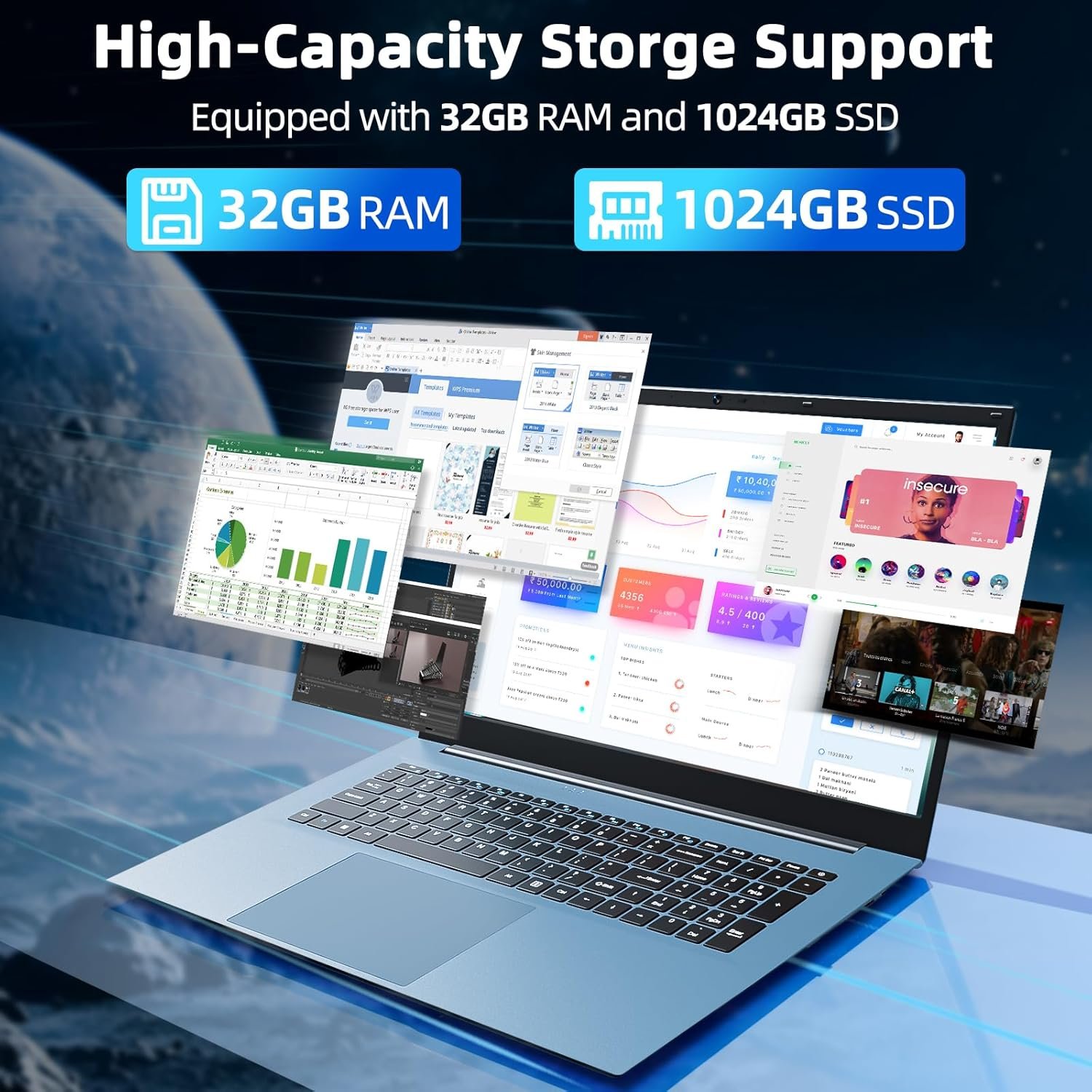 18.5 Inch Laptops, 11 Home Laptop Computers with 32GB RAM 128GB EMMC+1024GB SSD, Celeron N5095 Quad-Core, WiFi 6, USB 3.2, HDMI, Type-C, Portable Notebook, 8000mAh(Gray) - Image 3