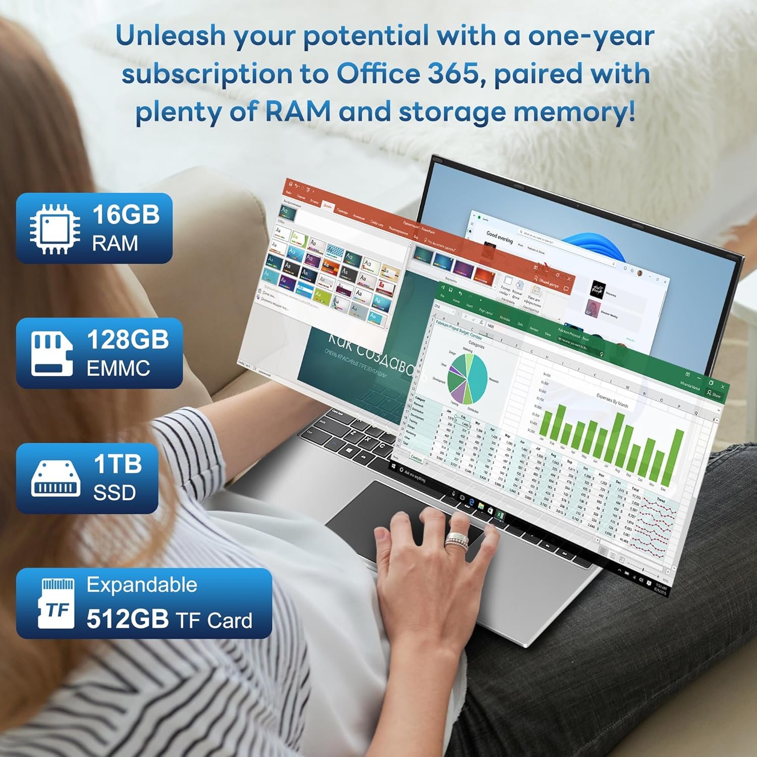 jumper Laptop Computer 16 Inch, Office 365, Laptops with 16GB RAM, 1152GB Storage, FHD IPS 1920x1200 Display, 12th N95 CPU(Up to 3.4GHz), 38WH Battery, 2 Speakers, Mini HDMI, 16:10. - Image 3