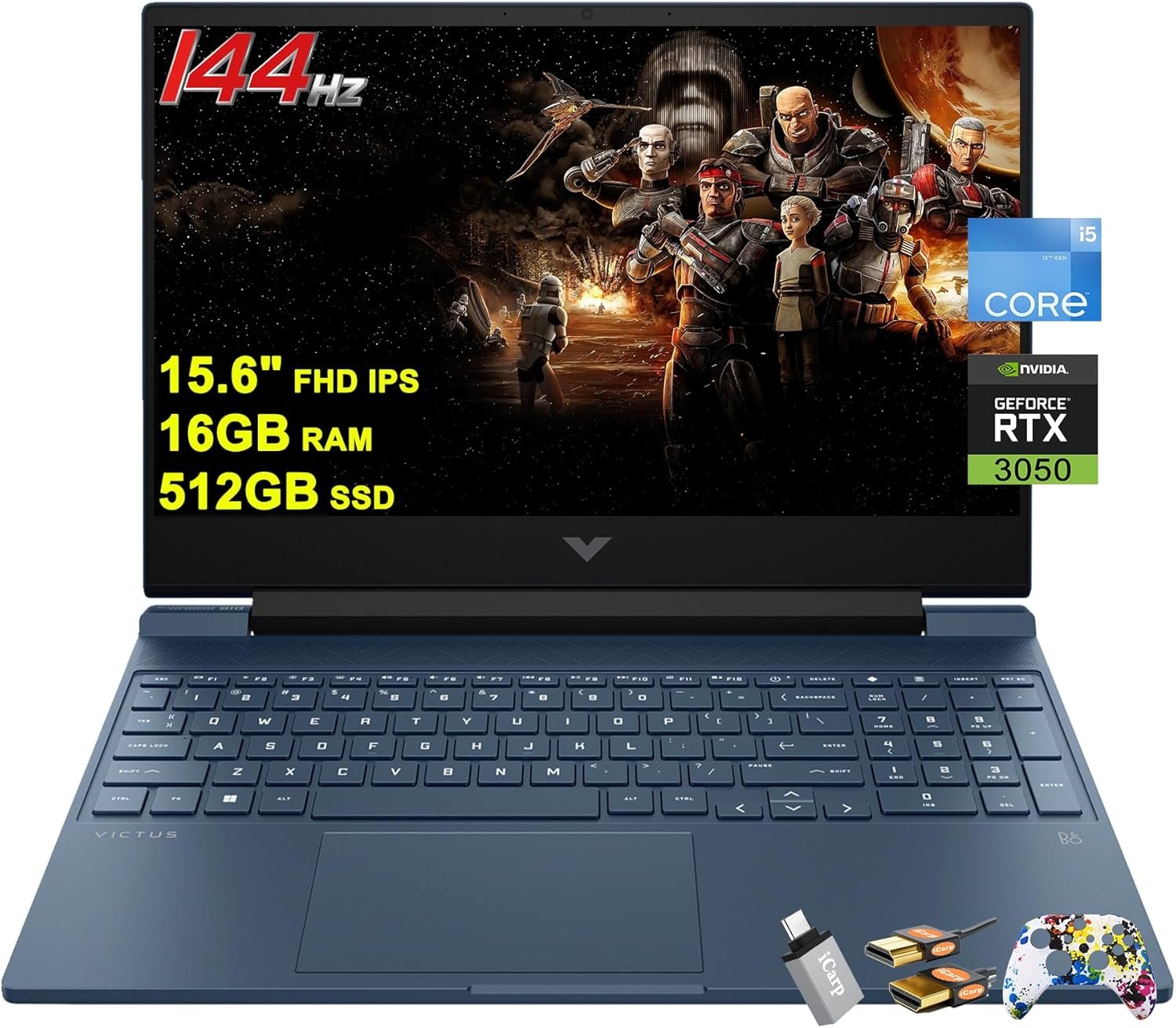 HP Victus 15 Gaming Laptop 15.6? FHD IPS Anti-Glare 144Hz Intel 8-core i5-12450H (Beat i7-11800H) 16GB RAM 512GB SSD GeForce RTX 3050 Backlit B&O Fast Charging Win11 w/ICP Accessory