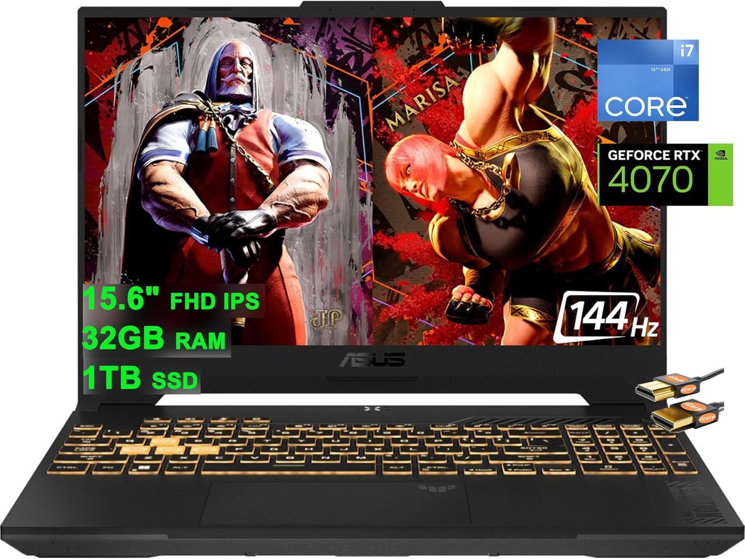 Asus TUF F15 Gaming Laptop 15.6" FHD 144Hz Intel 14-Core i7-12700H (Beat i9-11950H) 32GB RAM 1TB SSD GeForce RTX 4070 8GB Graphic Backlit Thunderbolt 4 USB-C Win11 Grey + HDMI Cable